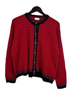 VTG Red Floral Trim Cardigan Sweater Size Large 100% Wool